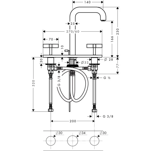Купить купить смеситель для раковины axor citterio на 3 отверстия, 170, с изливом 140 мм, с крестообразными рукоятками, с панелью, со сливным гарнитуром, хром арт. 39134000