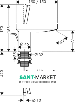 Купить купить смеситель axor uno для раковины с высотой излива 80 мм с рукояткой zero с незапираемым сливным набором, хром арт. 10070000