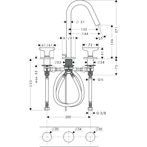 Купить купить смеситель axor citterio m для раковины с высотой излива 160 мм на 3 отверстия с рукоятками в форме звезд и розеткой со сливным гарнитуром, хром арт. 34135000
