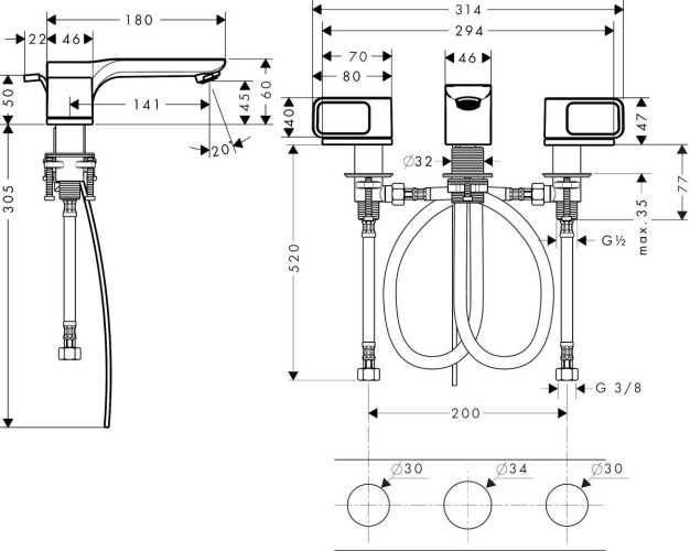 Купить купить смеситель для раковины axor urquiola на 3 отверстия, 50, с отдельными розетками, хром арт. 11041000