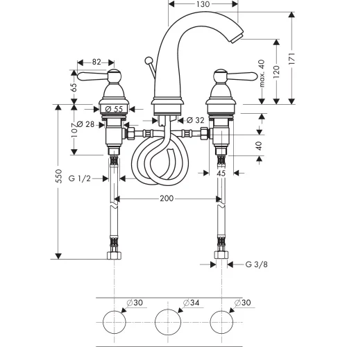 Купить купить смеситель axor carlton для раковины с высотой излива 120 мм на 3 отверстия с рычаговыми рукоятками со сливным гарнитуром, хром арт. 17134000
