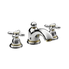 Смеситель AXOR Carlton для раковины с высотой излива 50 мм на 3 отверстия с крестовыми рукоятками со сливным гарнитуром, хром и золото арт. 17133000