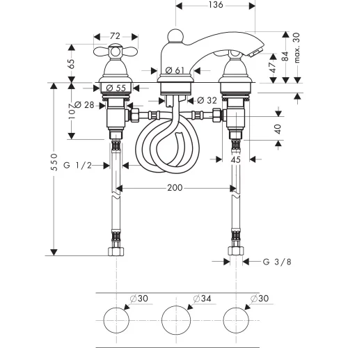 Купить купить смеситель axor carlton для раковины с высотой излива 50 мм на 3 отверстия с крестовыми рукоятками со сливным гарнитуром, хром и золото арт. 17133000