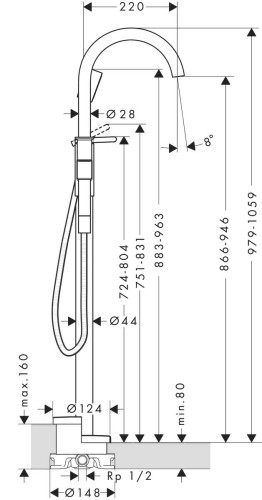Купить купить смеситель для ванны, axor one, однорычажный, напольный, полированная медь арт. 48440990