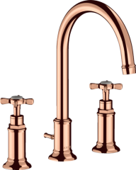 Смеситель для раковины Axor Montreux 180, на 3 отверстия, с крестообразными рукоятками, со сливным гарнитуром, полированное красное золото арт. 16513300