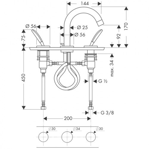 Купить купить смеситель axor massaud для раковины на 3 отверстия со сливным гарнитуром, хром арт. 10133000