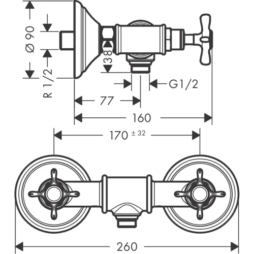Купить купить смеситель для душа axor montreux, внешнего монтажа, с 2 крестообразными рукоятками, шлифованный черный, хром арт. 16560340