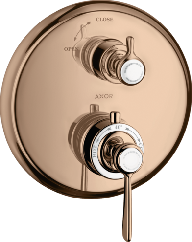 Купить купить термостат axor montreux, с запорным вентилем, с рычаговой рукояткой, полированное красное золото арт. 16801300