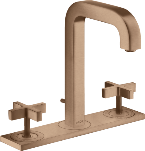 Купить купить смеситель для раковины axor citterio на 3 отверстия, 170, с изливом 140 мм, с крестообразными рукоятками, с панелью, со сливным гарнитуром, матовое красное золото арт. 39134310