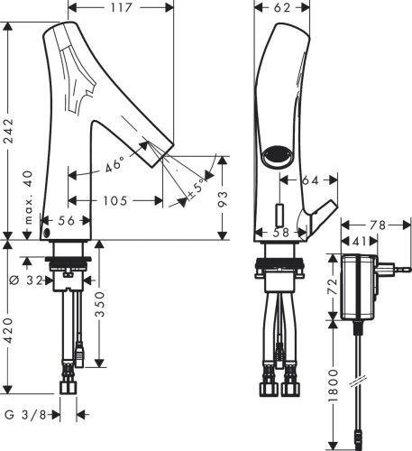 Купить купить смеситель для раковины axor starck organic, электронный, с регулировкой температуры, питание от сети 230v, хром арт. 12173000