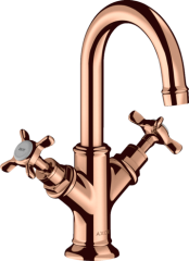 Смеситель для раковины Axor Montreux 160, с 2 крестообразными рукоятками, со сливным гарнитуром, для гостевой раковины, полированное красное золото арт. 16505300