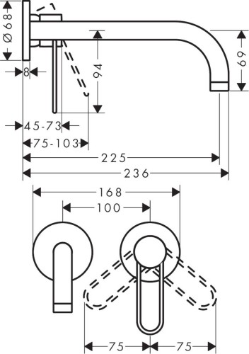 Купить купить смеситель для раковины axor uno однорычажный, настенный, шлифованный черный, хром арт. 38122340