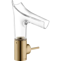 Смеситель для раковины Axor Starck V, со стеклянным изливом, однорычажный, 140, с не запираемым сливным набором, полированная бронза арт. 12112130