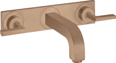 Смеситель для раковины AXOR Citterio на 3 отверстия, скрытого монтажа, с изливом 226 мм, с рычаговыми рукоятками, с панелью, матовое красное золото арт. 39148310