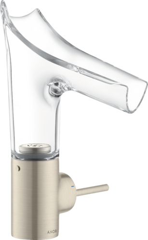Купить купить смеситель для раковины axor starck v, со стеклянным изливом, однорычажный, 140, с не запираемым сливным набором, шлифованный никель арт. 12112820