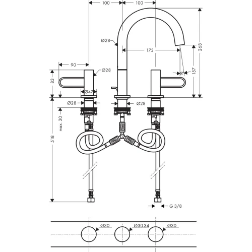 Купить купить смеситель для раковины axor uno на 3 отверстия, 160, с рукоятками-петлей, со сливным гарнитуром, хром арт. 38054000