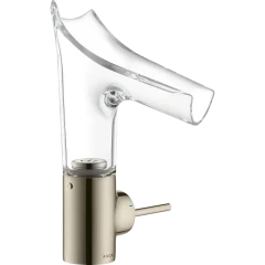 Смеситель для раковины Axor Starck V, со стеклянным изливом, однорычажный, 140, с не запираемым сливным набором, полированный никель арт. 12112830