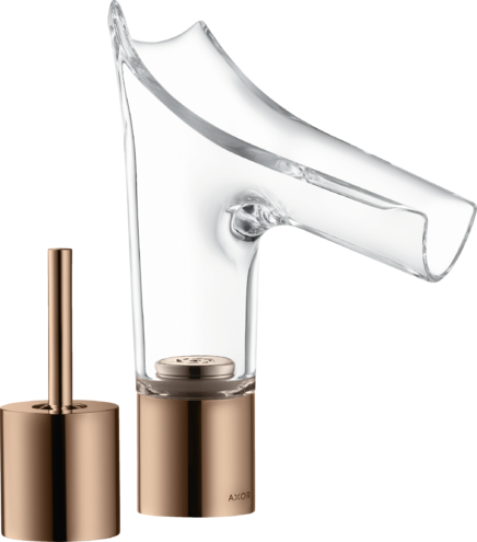 Купить купить смеситель для раковины axor starck v, на 2 отверстия, со стеклянным изливом 110, с не запираемым сливным набором, полированное красное золото арт. 12115300