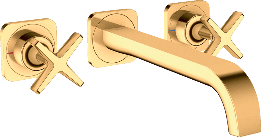 Купить купить смеситель для раковины настенный axor citterio e на 3 отверстия, с изливом 220 мм, с отдельными розетками, полированное золото арт. 36107990