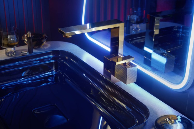 Купить купить смеситель для раковины axor edge 190 со сливным клапаном push-open с алмазной огранкой, полированное золото арт. 46021990