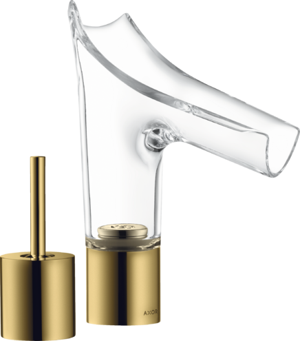 Купить купить смеситель для раковины axor starck v, на 2 отверстия, со стеклянным изливом 110, с не запираемым сливным набором, полированное золото арт. 12115990