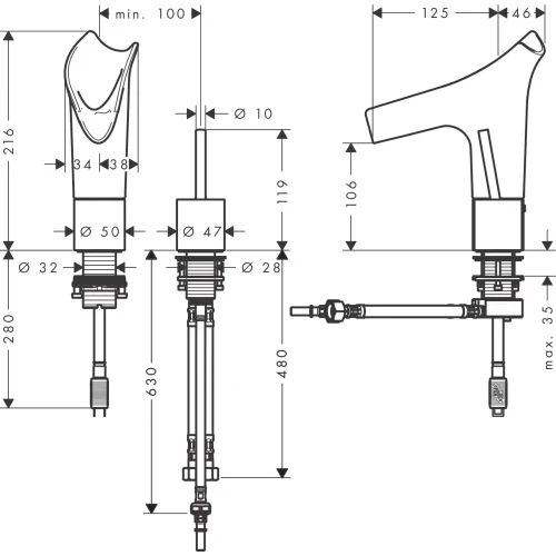Купить купить смеситель для раковины axor starck v, на 2 отверстия, со стеклянным изливом 110, с не запираемым сливным набором, полированное золото арт. 12115990