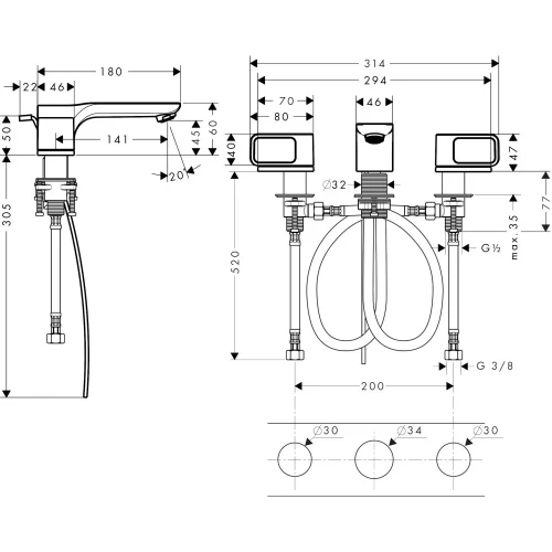 Купить купить смеситель для раковины axor urquiola 50, на 3 отверстия, с отдельными розетками, со сливным гарнитуром, шлифованная медь арт. 11041950
