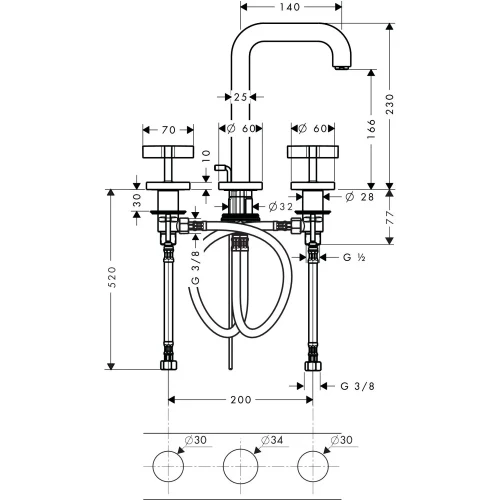 Купить купить смеситель для раковины axor citterio на 3 отверстия, 170, с изливом 140 мм, с крестообразными рукоятками, с отдельными розетками, со сливным гарнитуром, хром арт. 39133000