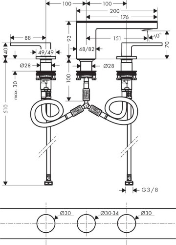 Купить купить смеситель для раковины axor myedition на 3 отверстия 70 со сливным клапаном push-open с алмазной огранкой, матовое красное золото арт. 47052310
