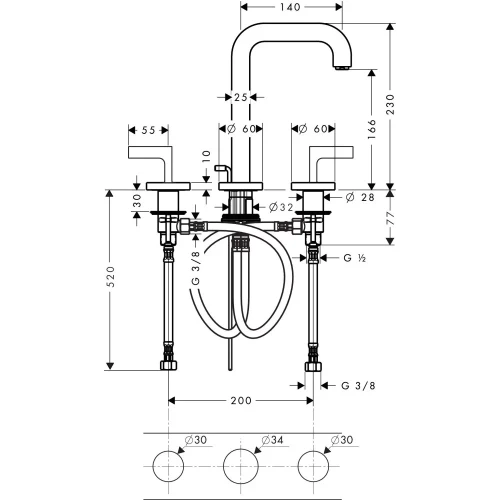 Купить купить смеситель для раковины axor citterio на 3 отверстия, 170, с изливом 140 мм, с рычаговыми рукоятками, с отдельными розетками, со сливным гарнитуром, хром арт. 39135000