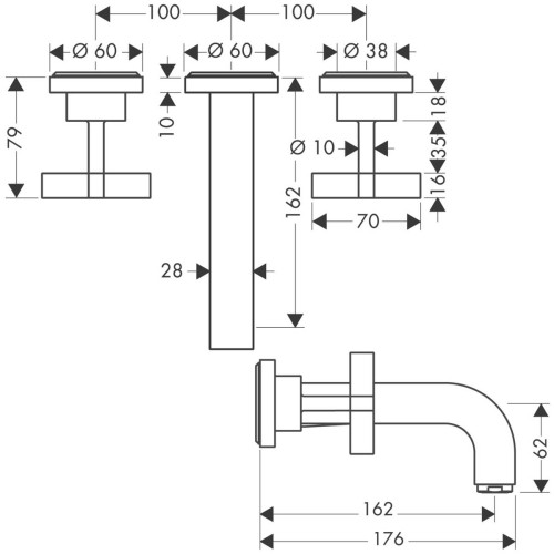 Купить купить смеситель для раковины axor citterio на 3 отверстия, скрытого монтажа, с изливом 162 мм, с крестообразными рукоятками, с отдельными розетками, матовое золото арт. 39313250