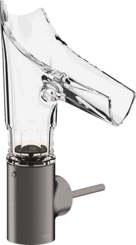 Купить купить смеситель для раковины axor starck v, однорычажный, 140, со стеклянным изливом, с фасетной огранкой, с не запираемым сливным набором, шлифованный черный, хром арт. 12123340