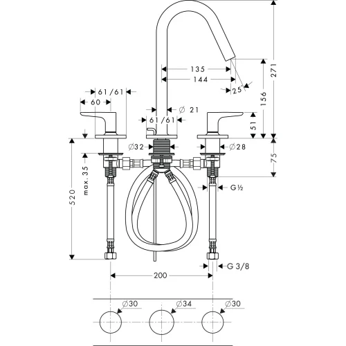 Купить купить смеситель для раковины axor citterio m на 3 отверстия, 160, с рычаговыми рукоятками, хром арт. 34133000