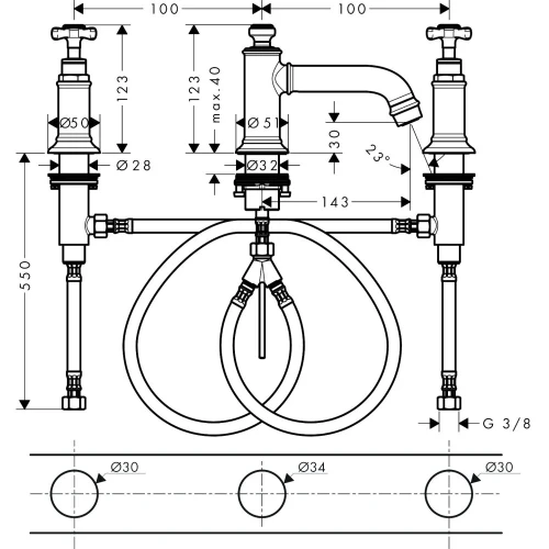 Купить купить смеситель для раковины axor montreux 30, на 3 отверстия, с крестообразными рукоятками, со сливным гарнитуром, полированный никель арт. 16536830