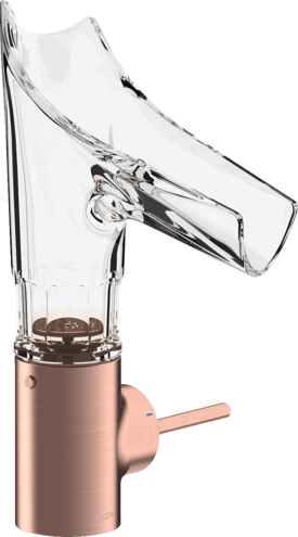 Купить купить смеситель для раковины axor starck v, однорычажный, 140, со стеклянным изливом, с фасетной огранкой, с не запираемым сливным набором, шлифованное красное золото арт. 12123310