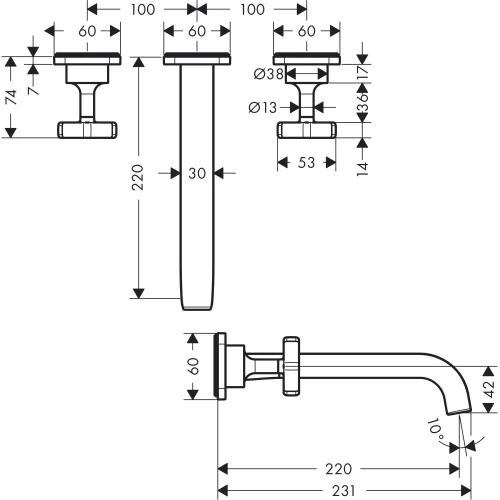 Купить купить смеситель для раковины настенный axor citterio e на 3 отверстия, с изливом 220 мм, с отдельными розетками, хром арт. 36107000