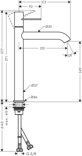 Купить купить смеситель для раковины axor uno 250, с рукояткой-петлей, с незапираемым сливным набором, шлифованный черный, хром арт. 38034340
