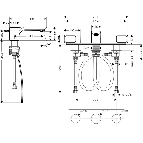 Купить купить смеситель для раковины axor urquiola 50, на 3 отверстия, с панелью, со сливным гарнитуром, шлифованное красное золото арт. 11040310