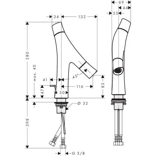 Купить купить смеситель для раковины axor starck organic 80, с двумя рукоятками, со сливным гарнитуром, шлифованный черный, хром арт. 12010340