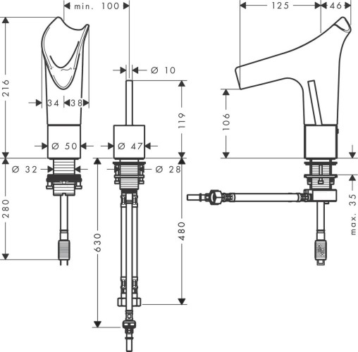 Купить купить смеситель для раковины axor starck v, на 2 отверстия, со стеклянным изливом 110, с не запираемым сливным набором, хром арт. 12115000